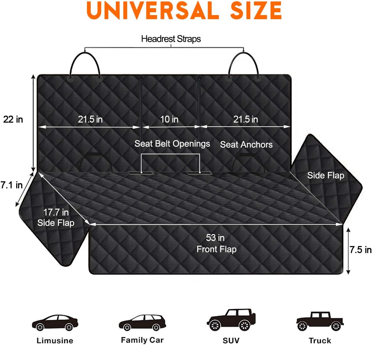 Waterproof Dog Car Seat Cover – Back Seat Protector, Black (53")