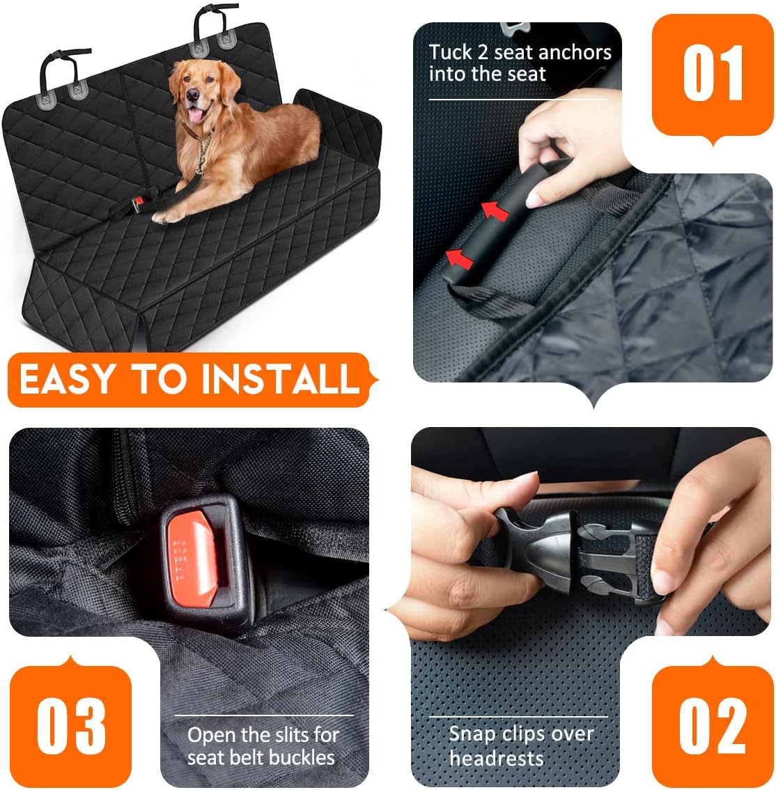Waterproof Dog Car Seat Cover – Back Seat Protector, Black (53")
